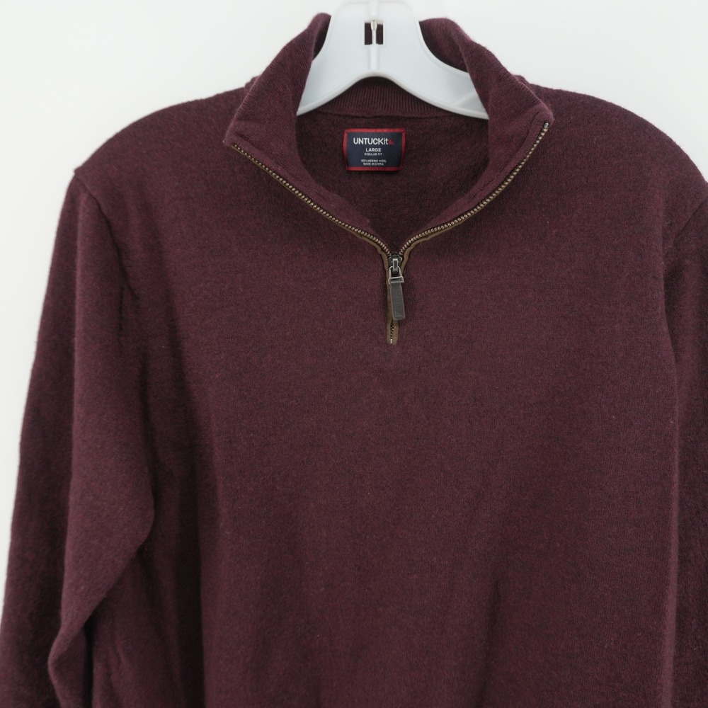 UNTUCKit Quarter Zip Sweater Mens Small Maroon Belguardo Merino Wool Suede Trim